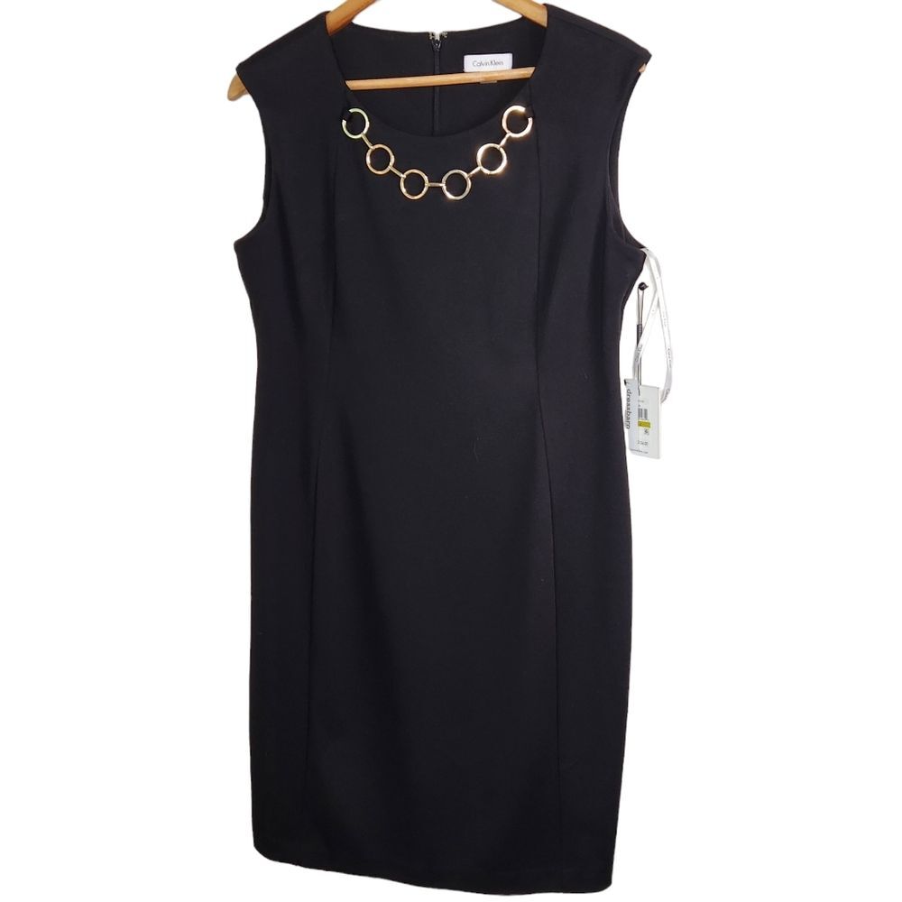 Calvin Klein Dress Womens 14 Black Chain Necklace Sheath office career NWT